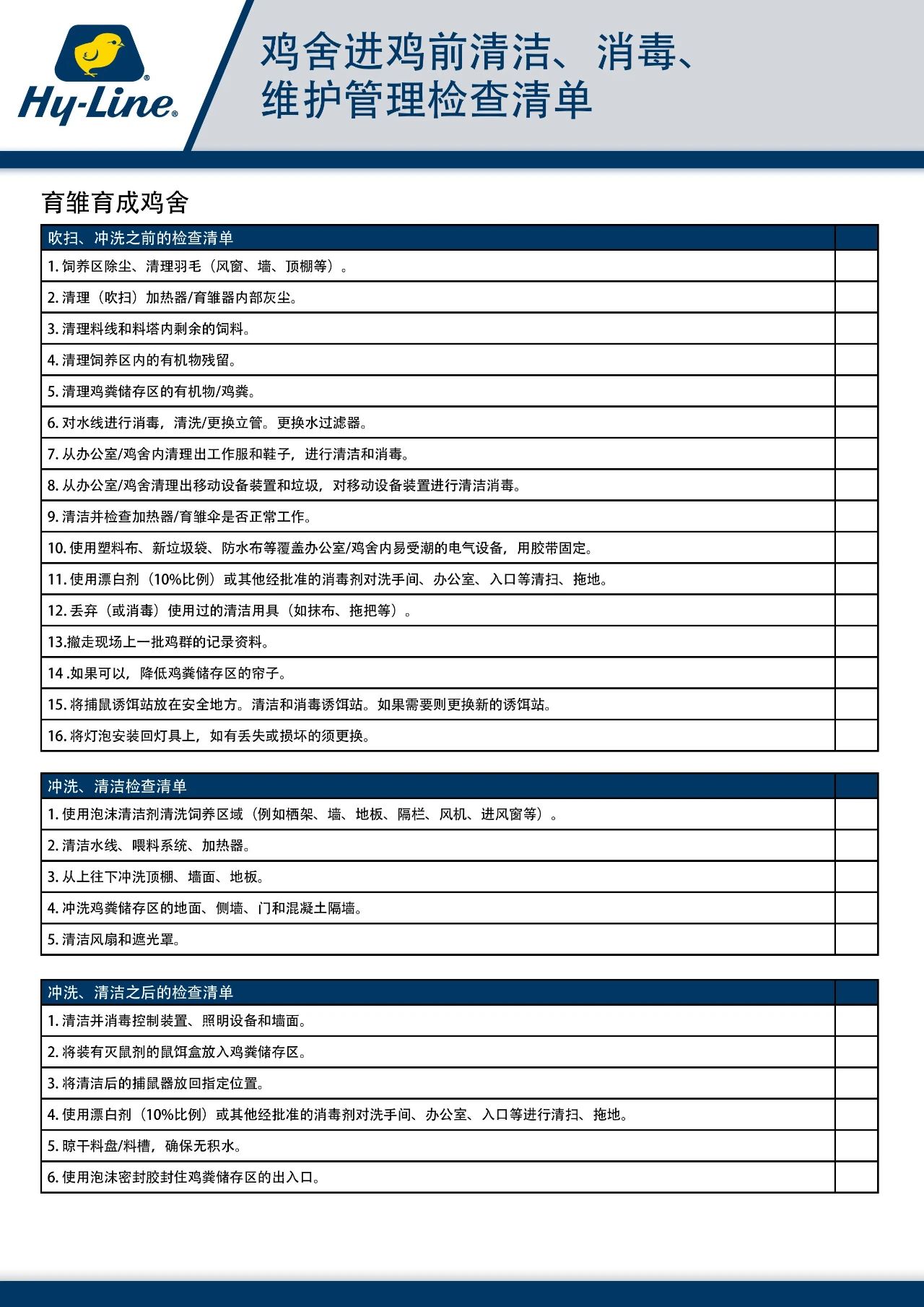 鸡舍进鸡前清洁、消毒、维护管理检查清单